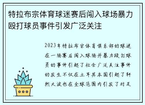 特拉布宗体育球迷赛后闯入球场暴力殴打球员事件引发广泛关注