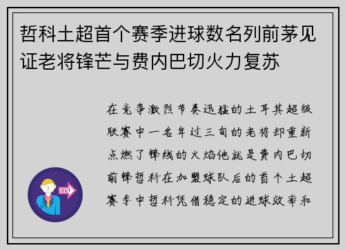 哲科土超首个赛季进球数名列前茅见证老将锋芒与费内巴切火力复苏